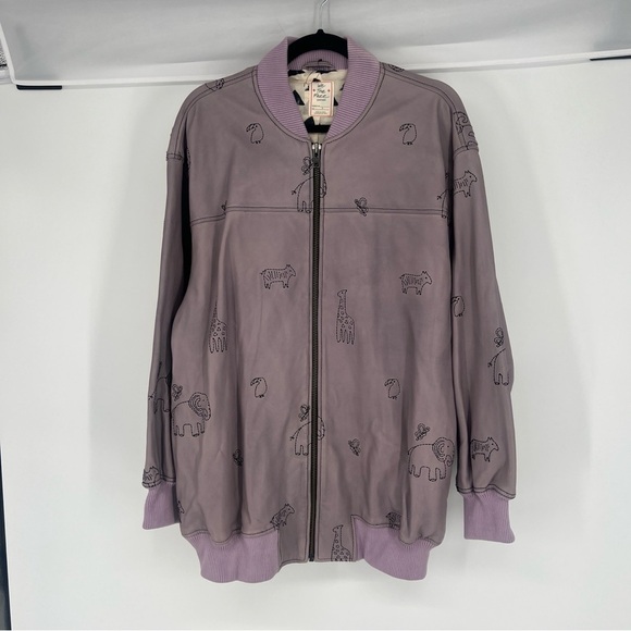 Free People Purple Oversized Leather Animal Print Embroidered Bomber Jacket S - Picture 2 of 10
